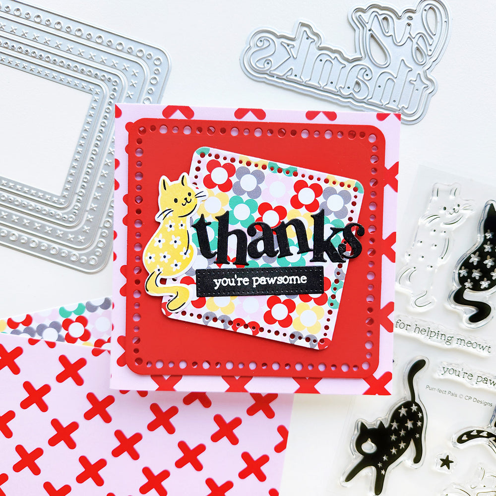 Handmade thanks card with Noughts and Crosses background with Purr-fect Pal Cat Stamp.
