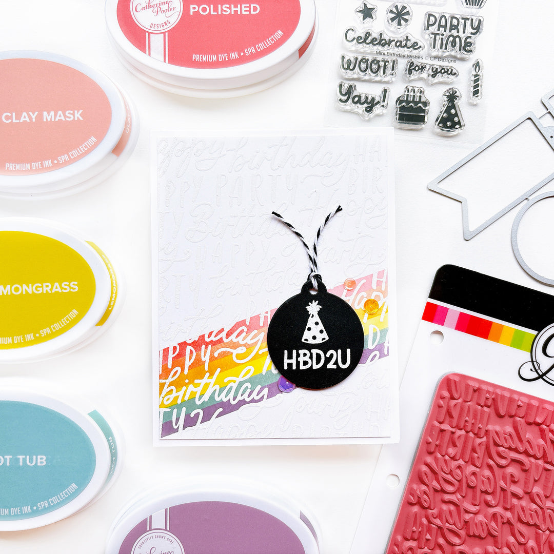 HBD2U card using the Block & Script Birthday background stamp, Mini Birthday Wishes Sentiments stamp set, Mini Tags dies and Wimbledon sequin mix