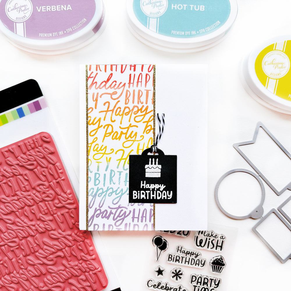 Happy Birthday card using the Block & Script Birthday Background stamp, Mini Birthday Wishes Sentiment stamp set, and Mini Tag dies