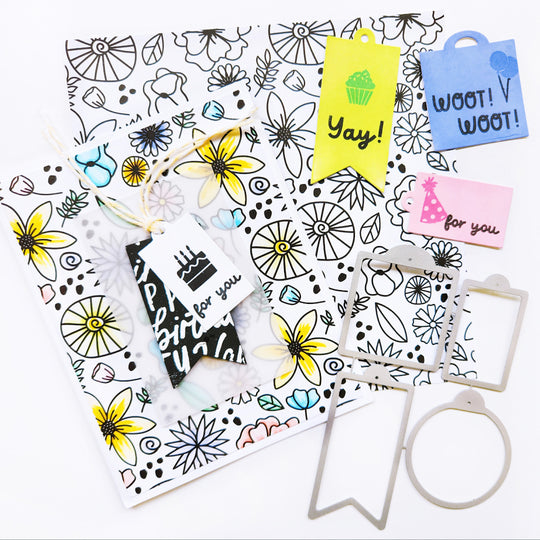 For you card using Color Pop patterned paper, Block & Script Birthday background stamp, Mini tag die, and Mini Birthday Wishes Sentiment stamp set.  