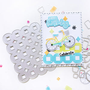 Happy Birthday bicycle card using Pedaling By stamp set, Pedaling By dies, Serena cover plate, Best Birthday Yet Hot Foil Plates and dies, Mini Birthday Wishes Sentiment stamp set and Color Pop patterned paper. 