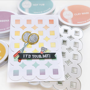 It's Your Day card using Serena Cover plate, Make a Racket stamp set, and Make a Racket dies.