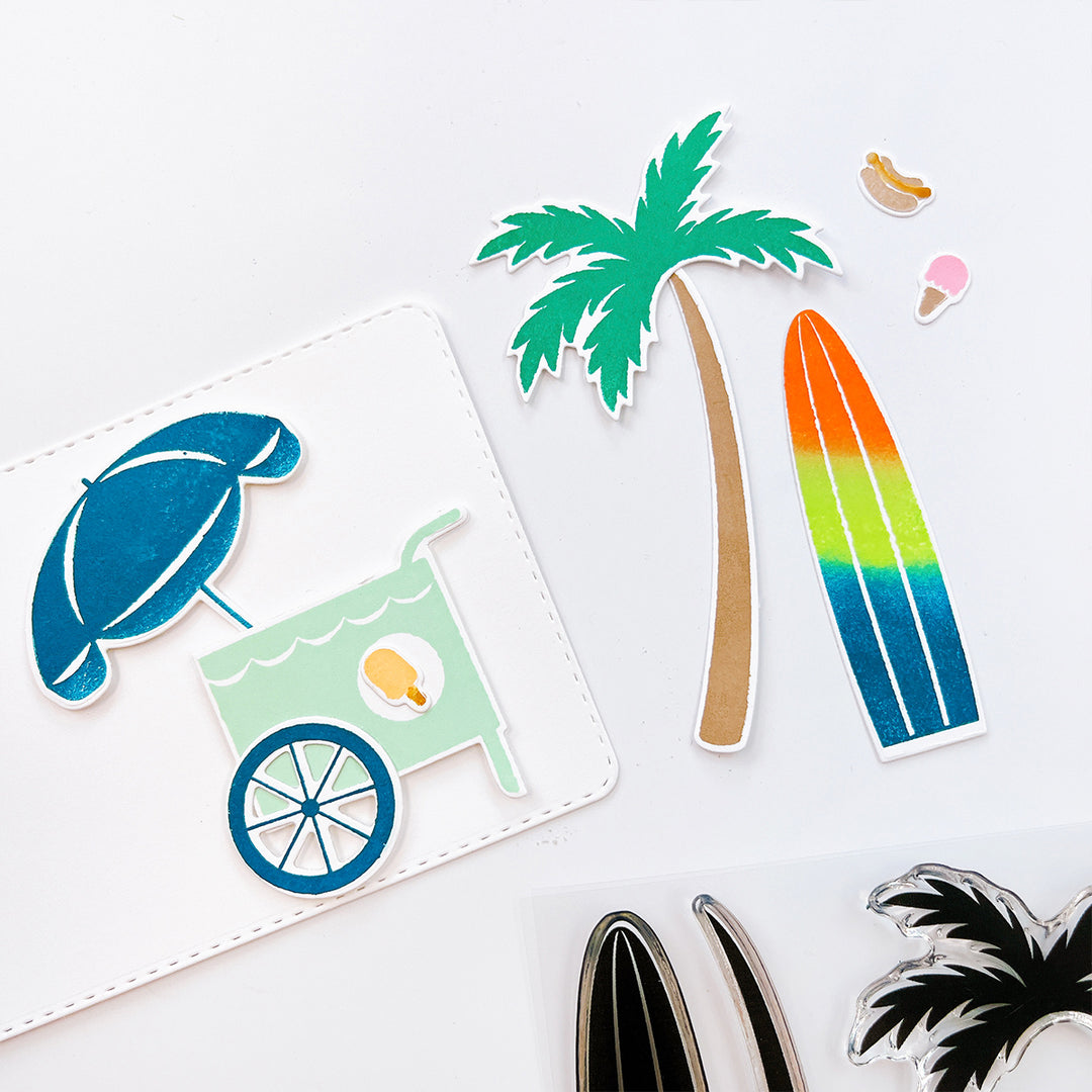 Ice Cream cart, Surf Board, and Palm tree