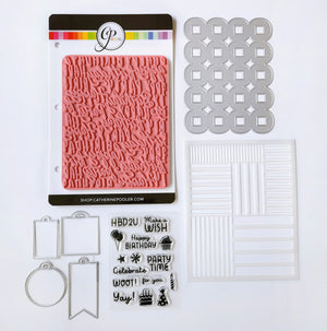 On the Go Extras Bundle includes the Block & Script Birthday background stamp, On the Line stencil, Serena cover plate, Mini Tag dies, and Mini Birthday Wishes sentiment stamp set.
