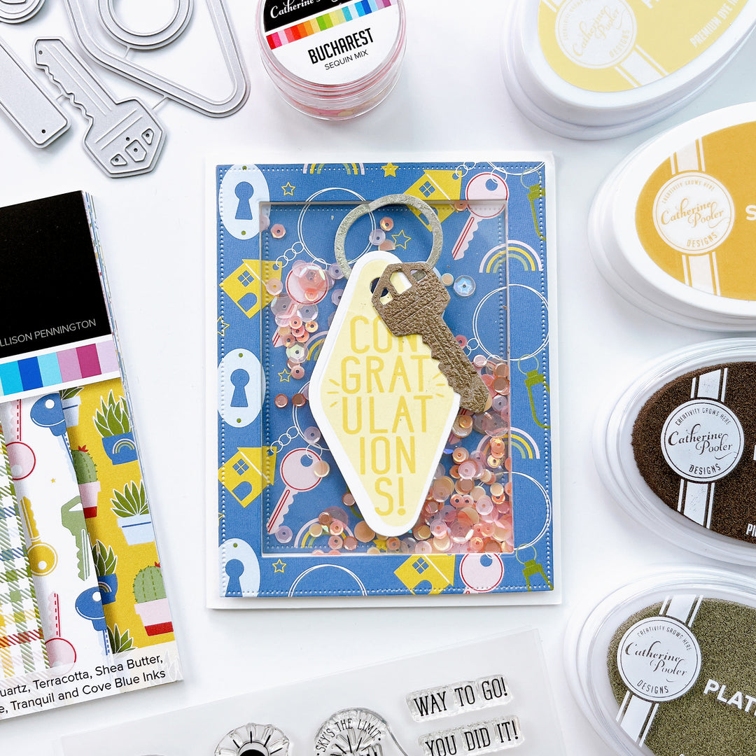 Congratulations keychain shaker card using paper from You Hold the Key patterned paper pack.