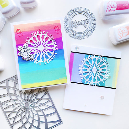 Rainbow Round of Thanks Card using Light Burst Cover Plate and Party Mini Ink Pads