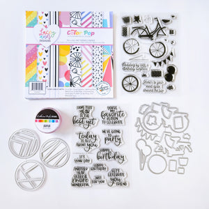 The Pedaling By bundle includes the Color Pop 6x6 patterned paper, Pedaling By stamp set, Pedaling By dies, Best Birthday Yet Sentiments stamp set, Funky Circle dies and Jaipur sequin mix.