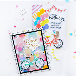 Today is all about you bicycle card using Color Pop patterned paper, Pedaling By stamps and dies, and Best Birthday Yet Hot Foil Plates and dies.  Also shown is a Happy Birthday bicycle card using Color Pop patterned paper, and the Pedaling By stamps and dies.