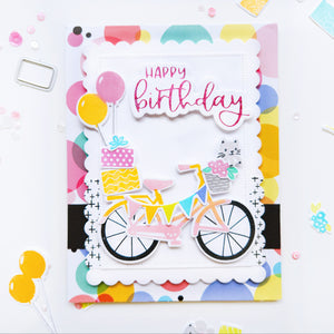 Happy Birthday bicycle card using Color Pop patterned paper, Pedaling By stamps and dies, and Best Birthday Yet Hot Foil Plates and dies.