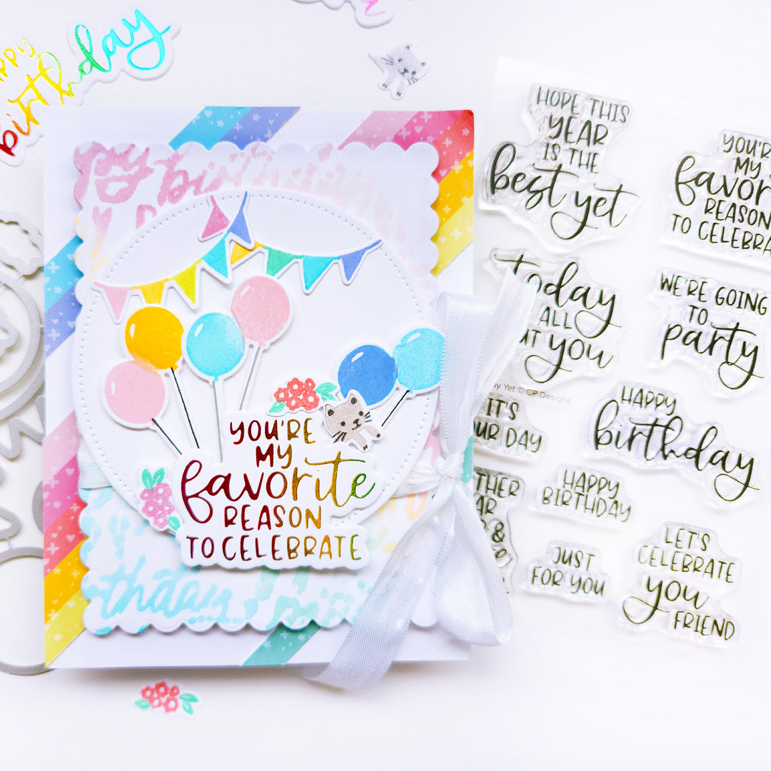 Favorite reason to celebrate card using Color Pop patterned paper, Block & Script Birthday background stamp, Pedaling By stamps and dies, and Best Birthday Yet Hot Foil Plates and Dies. 