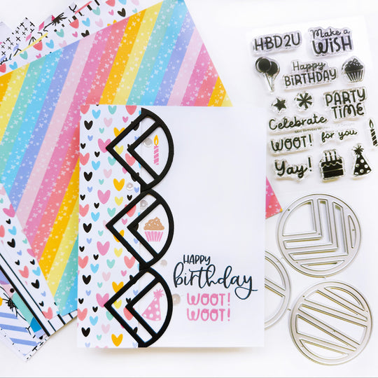 Happy Birthday card using Color Pop patterned paper, Funky Circle dies, Mini Birthday Wishes Sentiment stamps, and Best Birthday Yet Sentiments stamp set.