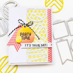Party time card using 40 Love patterned paper, Funky Circle dies, Mini Birthday Wishes Sentiment stamp set and Mini Tag dies