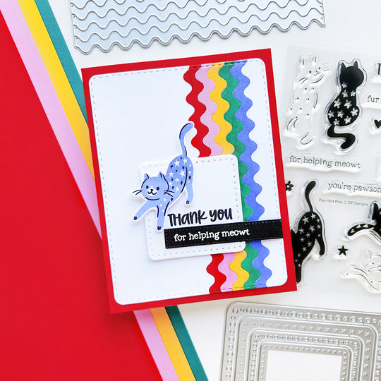 Handmade thanks card with stretching cat using the Purr-fect Pals Stamp Set and Colorful Rick Rack Strips.