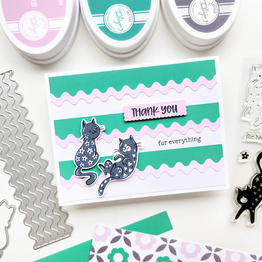 Handmade thanks card with Rick Rack Strip over Totally Bloomin' Paper Sheet and a couple of Purr-fect Pals Stamp Set kitties.