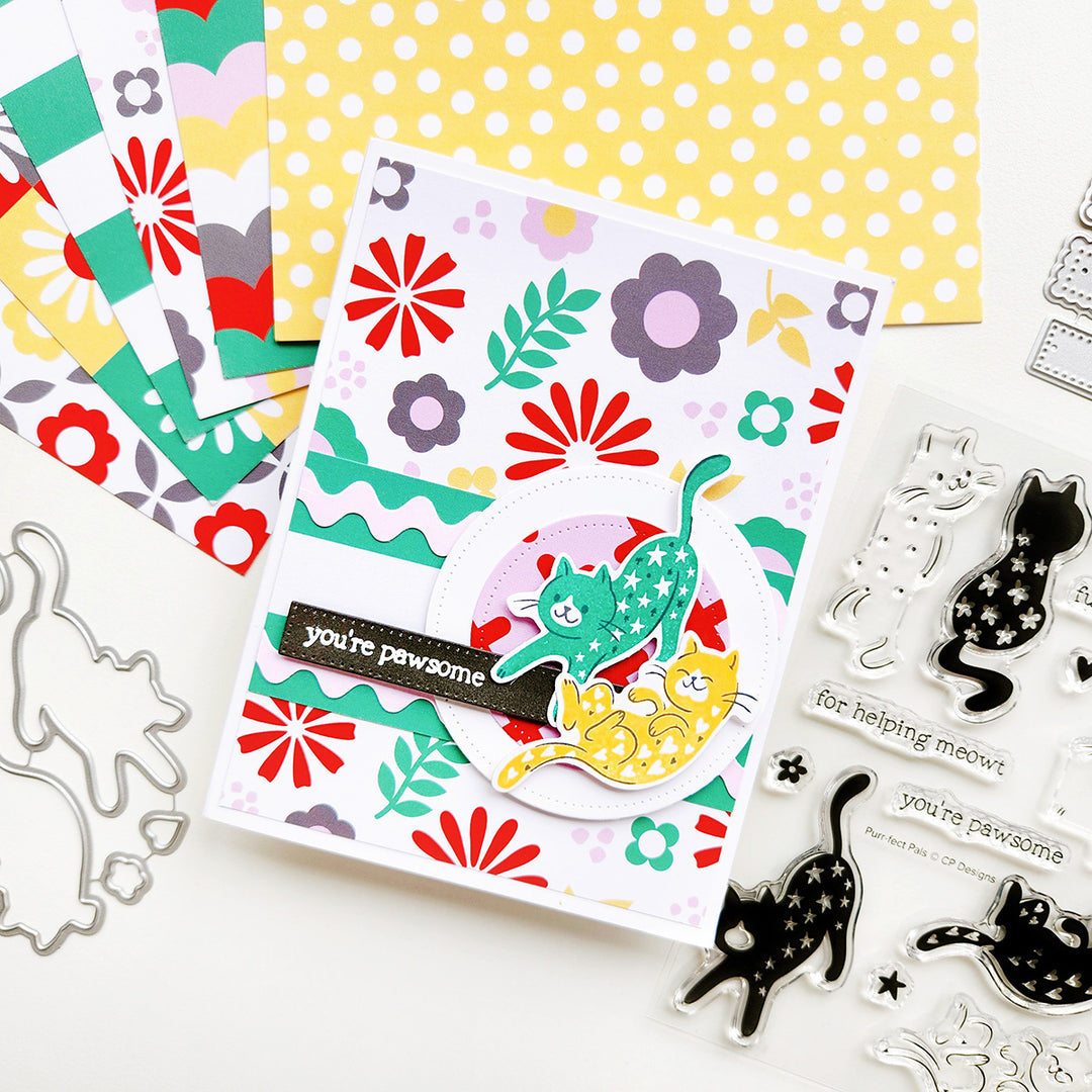 Handmade awesome card with Totally Bloomin' Sheet background and Purr-fect Pals playful cats.
