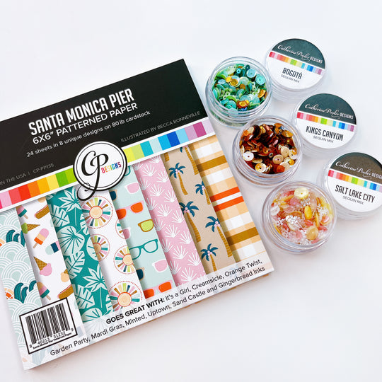 Santa Monica Pier patterned paper with 3 sequin mixes