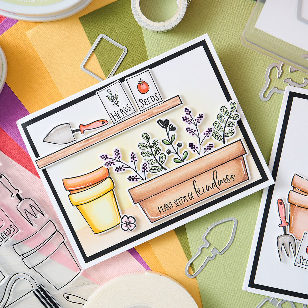 Plant seeds of kindness with this cheerful card featuring a planter, seeds, and garden tools.