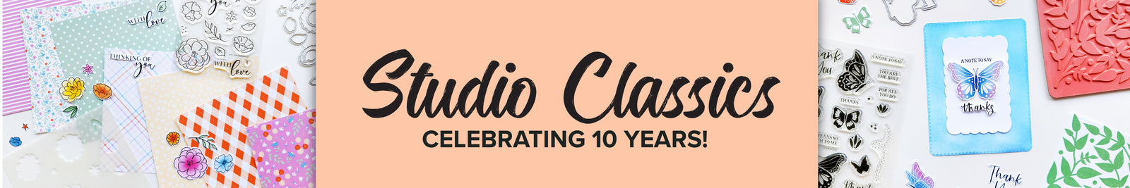 Promotional banner for 'Studio Classics' celebrating 10 years with various card designs in the background.