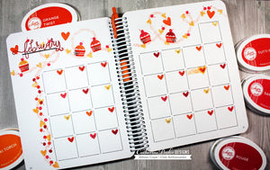 February Stamp Set monthly canvo spread with red and yellow hearts