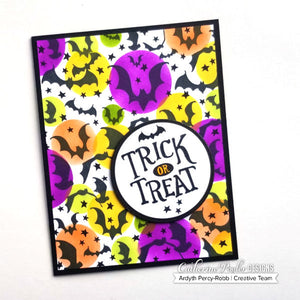 multicolored bat background with trick or treat sentiment