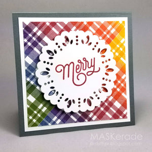 Merry card with plaid background stamp