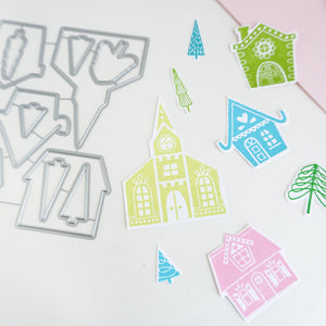 Alpine village houses and  trees cut out samples