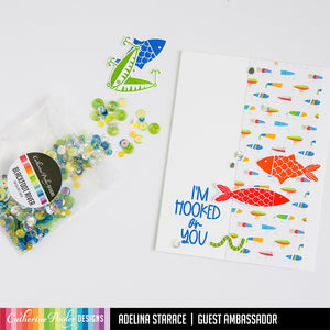 I'm Hooked on you sentiment with fish and too fly patterned paper