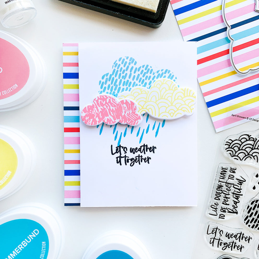 April Showers Clouds in blue, pink and yellow with a strip of Drizzle paper