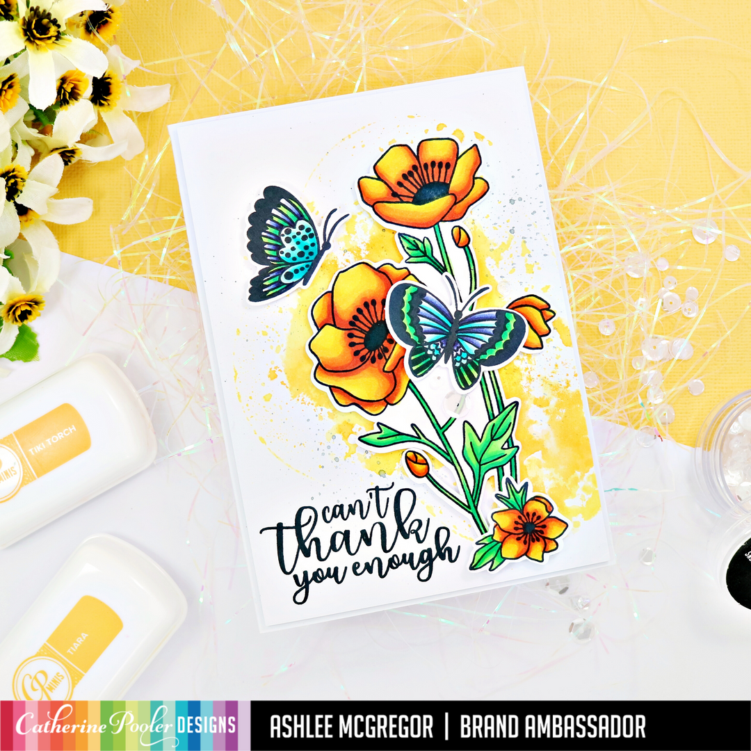 thank you card with flowers and butterflies