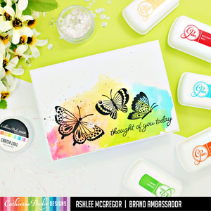 watercolor card with butterflies and sentiment