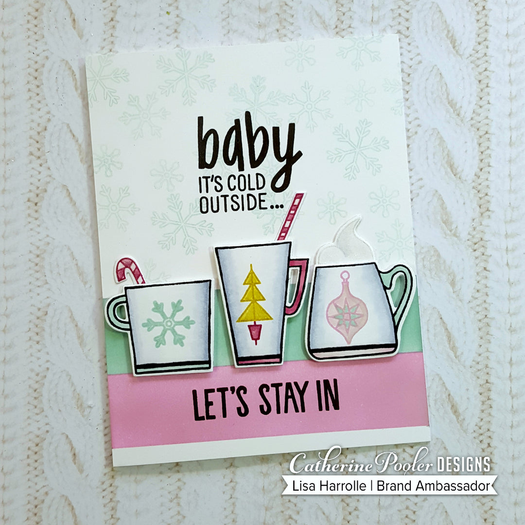 Baby It's Cold Outside Dies with Mugs on Snowflake Background
