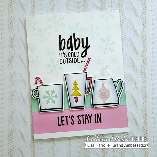 Baby It's Cold Outside Dies with Mugs on Snowflake Background