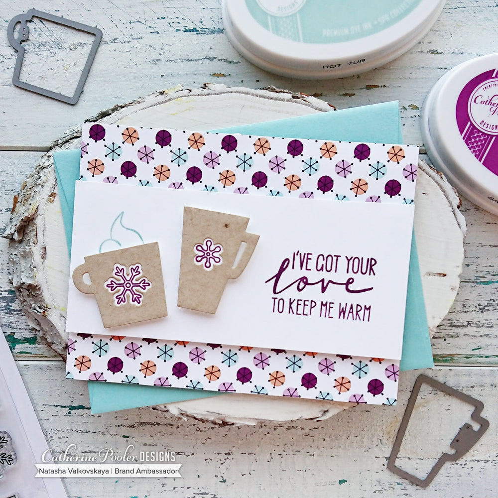 Baby It's Cold Outside Dies with Mugs on Snowflake Background