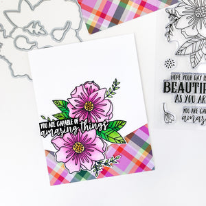 Purple Beautiful Day Flowers over plaid patterned paper