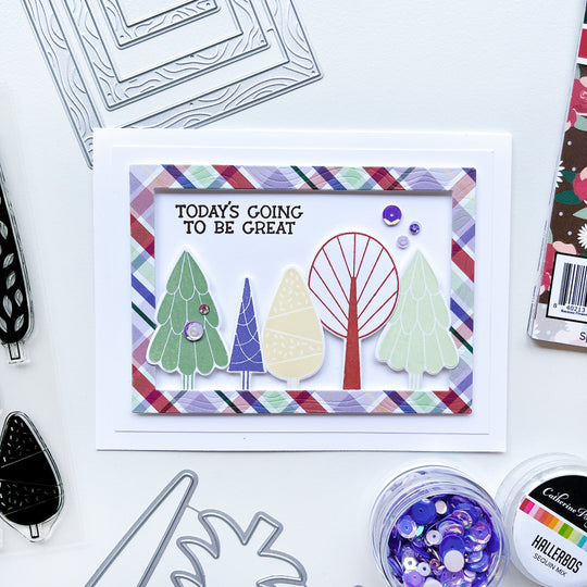 Today's Great card using Because Trees stamps & dies, Because Flowers patterned paper, Hallerbos sequin mix, Midnight, Terracotta, Wintergreen, Sage, Whipped Honey and Crushed Violet ink pads.