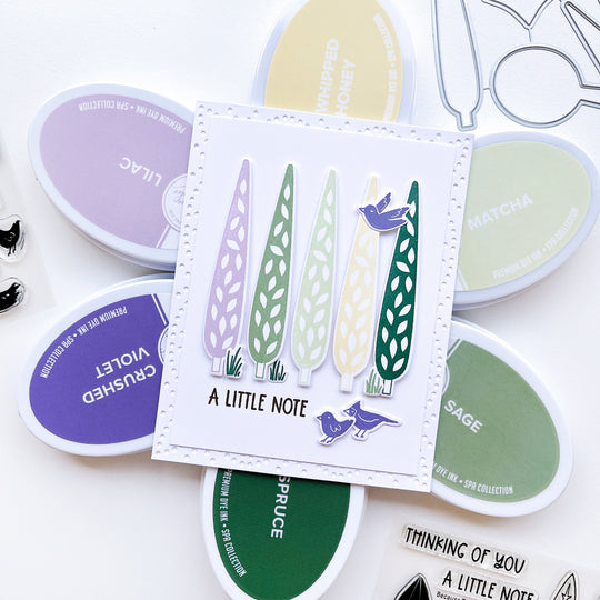 Little Note card using Because Trees stamps and dies, Petal Connection cover plate die, Warm my Heart stamps & dies, Midnight, Matcha, Sage, Spruce, Crushed Violet, Lilac and Whipped Honey ink pads.