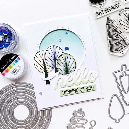Hello card using Because Trees stamps & dies, Double Duty Circle dies, Hello Trio dies, Hallerbos sequin mix, Midnight and Oh Boy! ink pads.