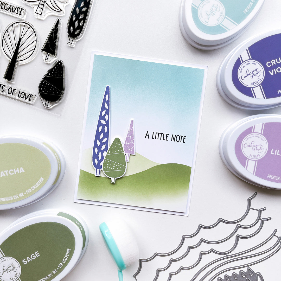 Little Note card using the Because Trees stamp and dies, Melon Edge dies, Midnight, Oh Boy!, Crushed Violet, Lilac, Matcha and Sage ink pads,