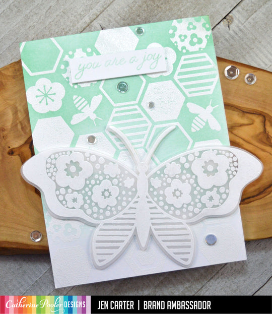 Beehive Background Stamp in Green with Butterfly