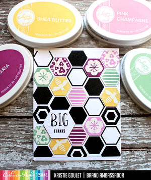Beehive Background Stamp with Big Thanks Sentiment in Green, Yellow, and Purple