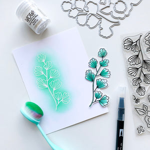 Best Things in Life Floral Dies with green background embossed with Opaque Bright White Powder