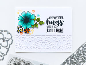 Blue Flower Hugs Card with Along the Arbor cut out