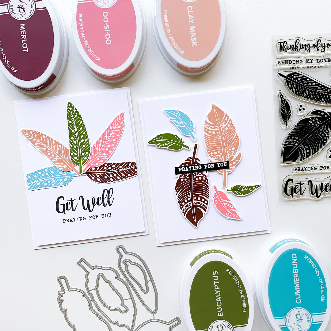 two cards with feathers and greeting