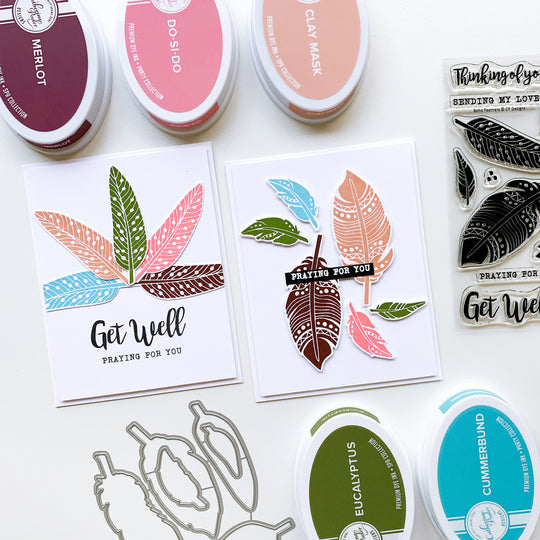 two cards with feathers and greeting