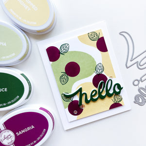 Hello card using Hello Trio Word dies, Bold Bits & Patterns stamps, sequin mix, Whipped Honey, Matcha, Spruce and Sangria ink pads.