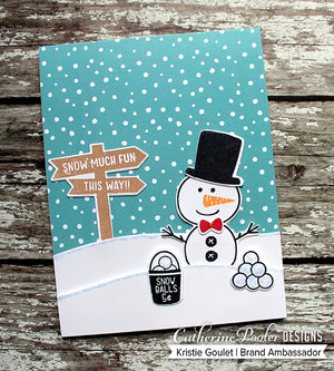Snowman with wooden sign and blue polka dot background