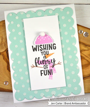 Wishing you a flurry of fun sentiment with snowman accessories on blue polka dot background