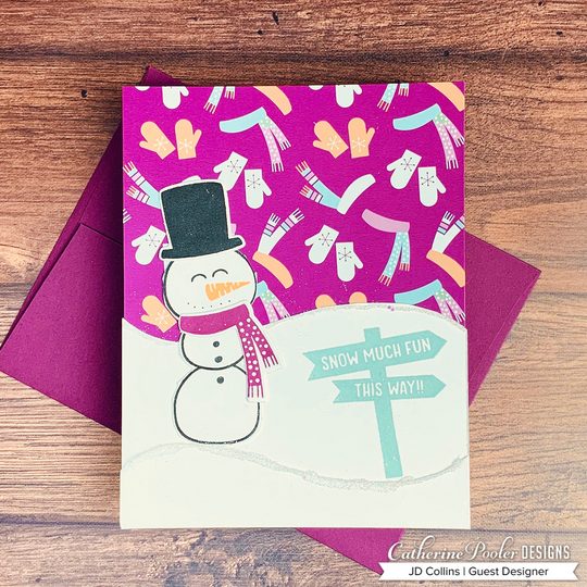 Snowman on pink, orange, and blue mitten background
