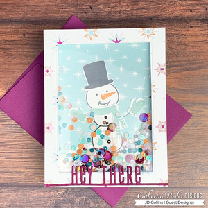 Snowman shaker card with hey there sentiment on snowflake background