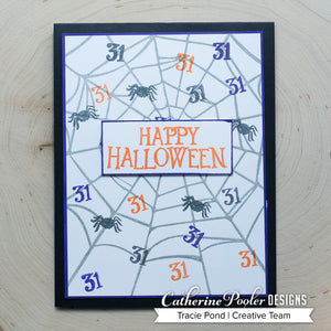 Happy halloween sentiment with spiders and spider web